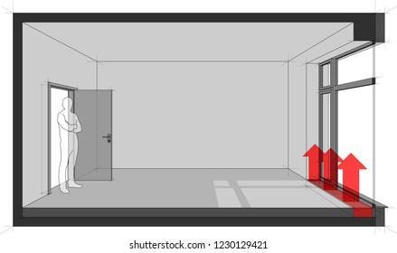 3d Illustration Of  Empty Room With Door And Tall French Window And Standing Man In The Opened Door And Floor Convector For Heating In Front Of Window