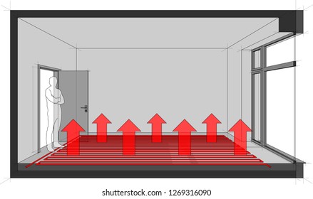 3d Illustration Of  Empty Room With Door And Tall French Window And Standing Man In The Opened Door And Floor Heating 