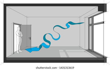 3d Illustration Of  Empty Room With Door And Tall French Window And Standing Man In The Opened Door And Natural Ventilation Arrow