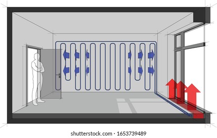 3d Illustration Of  Empty Room With Door And Tall French Window And Standing Man In The Opened Door And Wall Cooling And Floor Convector For Heating In Front Of Window