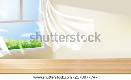 3D Illustration of an empty wooden table top indoors with wind blowing in from a window and curtains flying on a sunny day. Design used to display a product