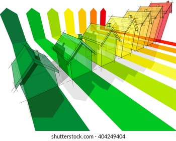 3d illustration of energy rating diagram of seven houses certified in seven energetic classes in a dateched house energy rating diagram or energy efficiency rating diagram