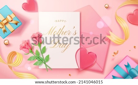 3D Illustration of an envelope with a letter, two roses stems, and two gift boxes in flat lay decorated with some red hearts. Template suitable for Mother's Day, Women's Day, and wedding invitation