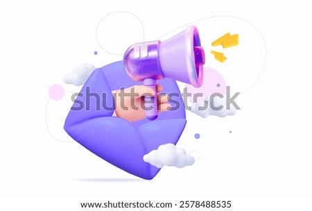 3D illustration of an envelope with a megaphone, representing marketing, notifications, and digital announcements. Suitable for online advertising, business communication, and promotional materials