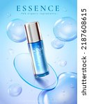 3d illustration of essence product ad. Realistic gel bottle over blue glass disc and bubbles on light blue background.