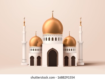 3d illustration of an exquisite mosque building model decorated with glossy brass dome on ivory beige background, for Ramadan event use