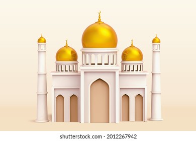 3d illustration of an exquisite mosque building model decorated with a glossy brass dome on beige background