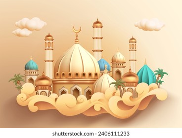 3d illustration exquisite mosque building, for Ramadan Mubarak, Eif al fitr and Eif al Adha, 3D vector illustration