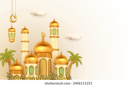 3d illustration of an exquisite mosque building model decorated with glossy brass dome, for Ramadan Mubarak, Eif al fitr and Eif al Adha, 3D rendering illustration