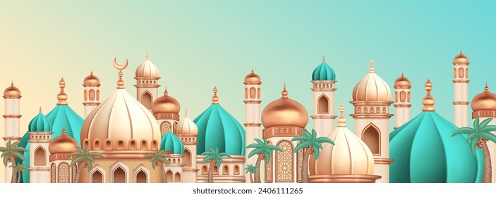 3D-Illustration eines exquisiten Moschebaumodells mit glänzender Messingkuppel, für Ramadan Mubarak, Eif al fitr und Eif al Adha, 3D-Rendering-Illustration