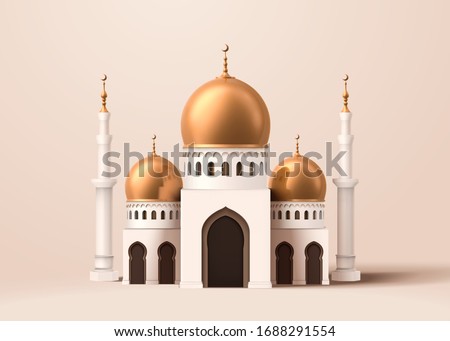 3d illustration of an exquisite mosque building model decorated with glossy brass dome on ivory beige background, for Ramadan event use