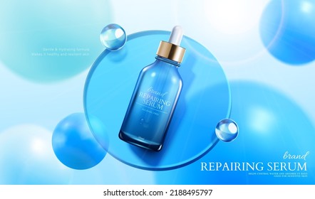 3d illustration of facial repairing serum ad. Dropper bottle on blue glass disk and blue circular design elements on light background.