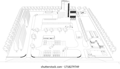 3D illustration of factory layout in wireframe - vector perspective