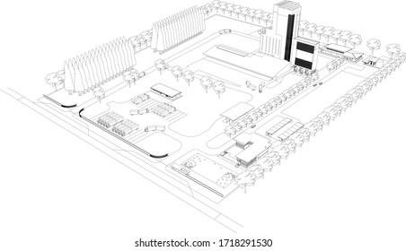 3D illustration of factory layout in wireframe - vector perspective