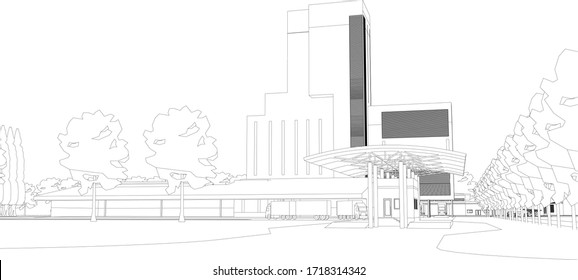 3D illustration of factory layout in wireframe - vector perspective