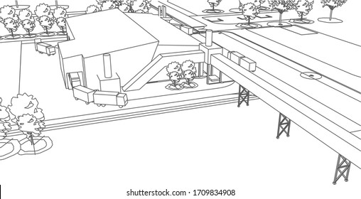 3D illustration of factory in wireframe