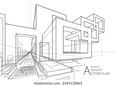 3D illustration of a fantasy abstract architectural building perspective design. Background line drawing of a modern urban building. 