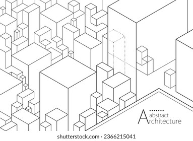 3D illustration of a fantasy abstract architectural building perspective design. Background line drawing of a modern urban building. 