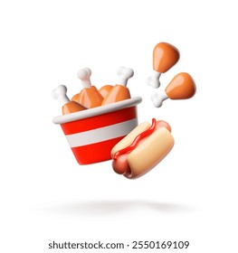 3d illustration of fast food in a paper bucket: chicken legs, hot dog with sausage in a bun, poured with red ketchup. Delicious snacks for lunch or dinner.