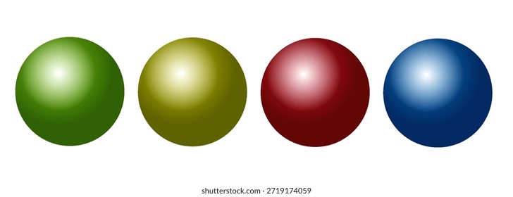 Ilustración 3D con cuatro esferas brillantes en verde, oro, rojo y azul dispuestas en una línea Horizontal sobre un fondo blanco limpio.