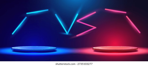 3D illustration featuring two neon versus platforms in contrasting blue and pink colors, connected by dynamic glowing light lines. The futuristic scene represents challenge, choice, combat, fight, artificial intelligence, and gaming. Ideal for technology related projects, business presentations, marketing materials, websites, startups, IT solutions, and sport user interface concepts.