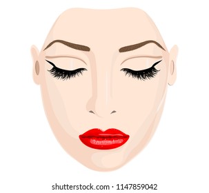 3D Illustration with female eyes, long eyelashes, eyebrows and red shining lips. Design for a cosmetic, make-up and beauty magazines, decoration of beauty or  cosmetics store, make-up salon, etc