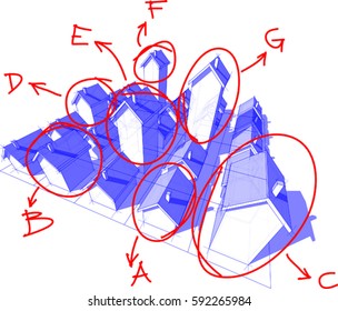 3d illustration of field of twenty five transparent blue simple detached houses with different height on rectangular  grid composed of squares with red hand drawn sketches 
