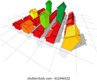 3d illustration of field of twenty five transparent simple detached houses with different height on rectangular  grid composed of squares in colors of energy rating diagram