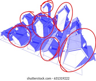 3d illustration of field of twenty five transparent blue simple detached houses with different height on rectangular  grid composed of squares with red hand drawn sketches highlighting each type