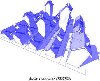 3d illustration of field of twenty five transparent blue simple detached houses with different height on rectangular  grid composed of squares