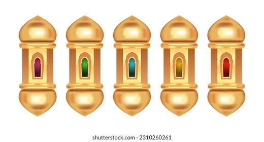3D Illustration of five golden lanterns. Set of multicolor lanterns. Elements suitable for Ramadan or Islamic holidays