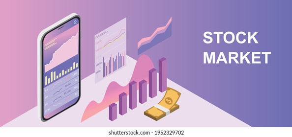 3 quinquies ilustración. banner web de estilo plano sobre el concepto de negociación de acciones móviles, comercio en línea, análisis de mercado, negocios e inversión

