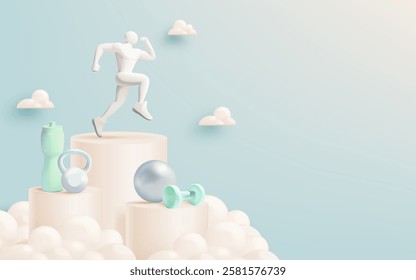 3D illustration of a flexing figure with gym equipment, including a dumbbell, kettlebell, water bottle, and shoes, symbolizing strength and fitness.