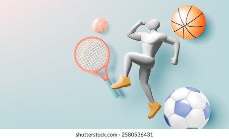 3D illustration of a flexing figure with sports equipment, including a soccer ball, basketball, tennis racket, and tennis ball, symbolizing athleticism and active lifestyle.