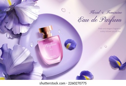 3D illustration of floral theme perfume ad. Pink perfume spray glass bottle display on round plate surrounded with purple iris flower and petals.