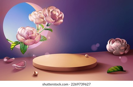 3D illustration of flower theme product display background. Including jasmine glass flower growing in from round window, cylinder podium, flower, petals, leaves and pearl decoration