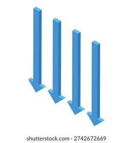 3d illustration of four blue arrows pointing down representing a negative trend