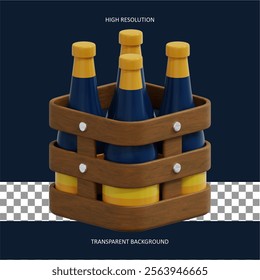 3d illustration of four blue champagne whit yellow caps in a wooden basket. Isolated on transparent background