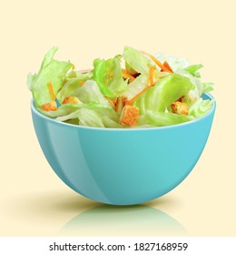 3d illustration of fresh salad in blue bowl, isolated on light yellow background