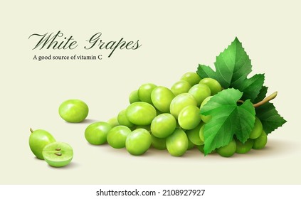 3d illustration of fresh white grapes with green leaves isolated on beige background.