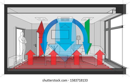 3d illustration of furnished room with french window and convector ventilated and cooled by ceiling built in air ventilation and air conditioning