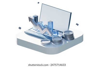 3D illustration of a future finance and banking concept diagram. Laptop with financial data analysis graph on top and a pile of coins next to it.