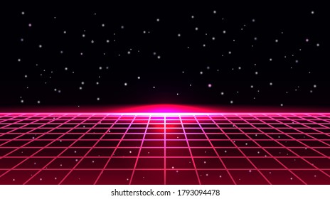 3D illustration. Futuristic perspective grid against cosmic starry sky and sci-fi neon landscape 1980s digital cyber surface style.