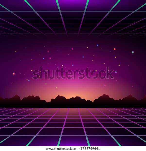 3D illustration. Futuristic perspective grid\
against cosmic starry sky and sci-fi neon landscape 1980s digital\
cyber surface style.
