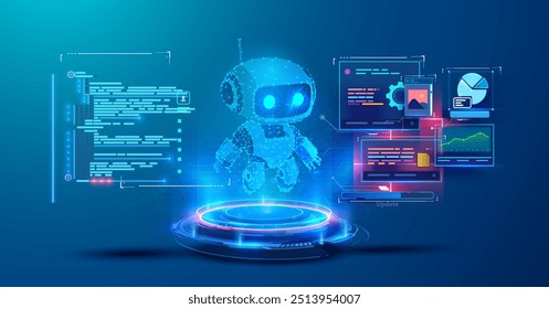 3D illustration of a futuristic robot surrounded by digital interfaces and data visualizations, representing technology and artificial intelligence. Design captures the essence of modern innovation.