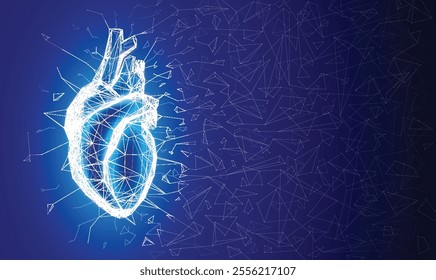 3D illustration of geometric structure connected to form a human heart shape on a dark blue background. Used in medicine, education, science, advertising and industry.