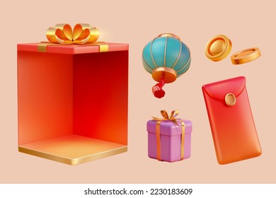 3D Illustration of giant red giftbox for display, turquoise lantern, purple present, sealed red envelope, and two gold coins isolated on light orange background