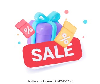 Ilustración 3D de una caja de regalo con una etiqueta roja brillante "SALE" con Cupones de descuento flotantes y símbolos porcentuales. Adecuado para su uso en materiales publicitarios, Anuncios de Web, promociones.