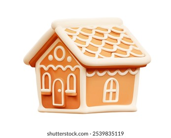 3D illustration of a gingerbread house with white icing and decorative details. For Christmas card decorations and children’s illustrations.