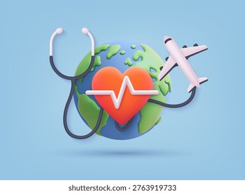 3D illustration of globe with heart and stethoscope connected to airplane, representing global healthcare, medical travel, telemedicine, and international medical services.
